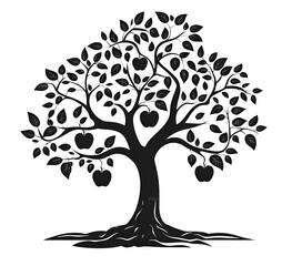 Obraz premium Black silhouette of apple tree with apples on a white background illustration