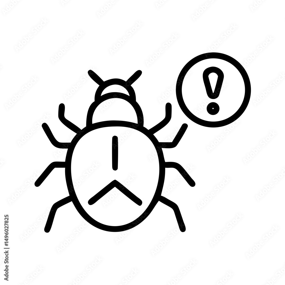 Aufkleber outline drawing of a beetle with an exclamation point in a circle next to it for emphasis or warning