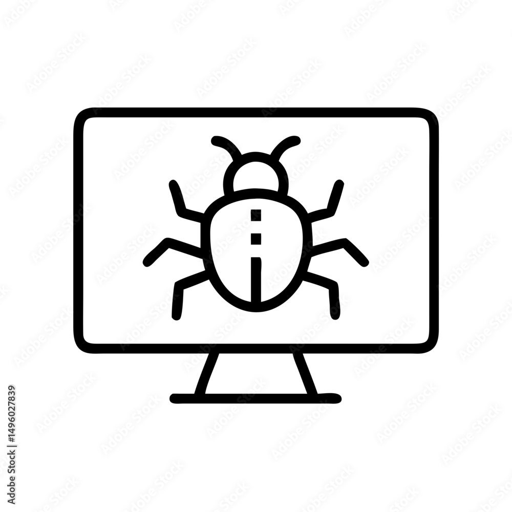 Poster Outline drawing of a computer monitor displaying a bug on the screen in simple black lines