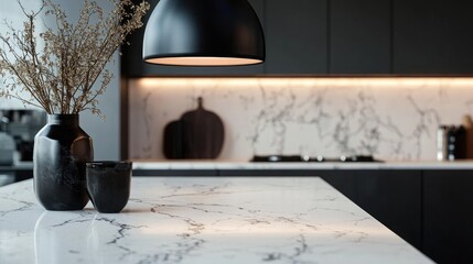 Close-up of marble kitchen bench with black pendant light and vase