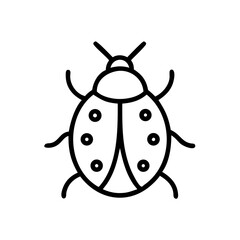 Simple graphic of a ladybug with spots, antennae and six legs in black outline style design is shown