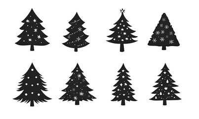 Collection of black and white christmas tree silhouettes for festive holiday designs