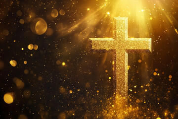 Religious cross with shining gold sparkles and radiant light, abstract heaven and resurrection concept

