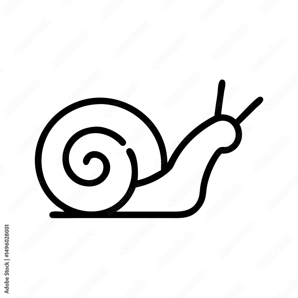 Poster a simple graphic showing a snail with a spiral shell and antennae in a minimalist line drawing style