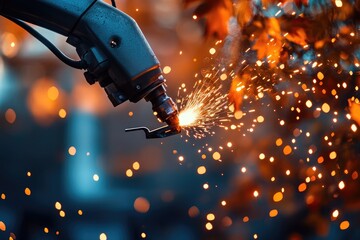 A robotic arm sparks during a metal cutting or welding process, showcasing industrial automation.