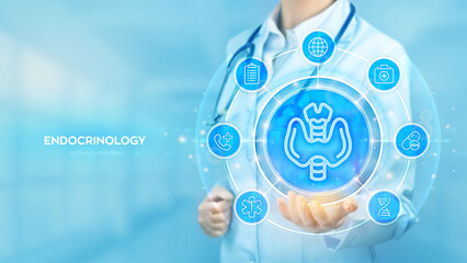 Endocrinology medical concept. Awareness of Endocrine diseases hyperthyroidism, hypothyroidism. Doctor holding in hand Thyroid gland icon and medical icons network connection. Vector illustration.