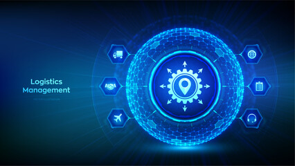Logistics management. Smart logistics, transportation technology concept. Logistic global network distribution. Business of transport industrial. Sphere with a hexagonal surface. Vector illustration.