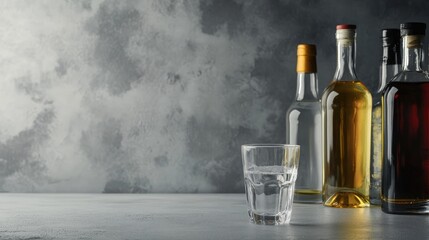 Concept of abstaining from alcohol. Photo of vodka and tequila bottles with an empty shot glass on grey backdrop.
