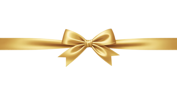 Elegant gold satin ribbon bow isolated on transparent background