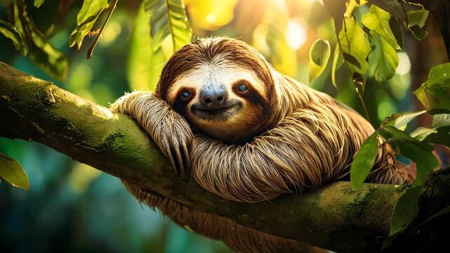 Happy Sloth Chilling on Branch Surrounded by Greenery