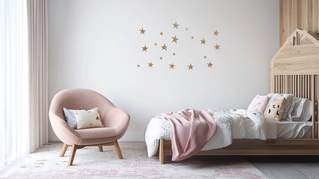 Contemporary kids' room with star decals on white wall and soft pink stylish chair by wooden bed