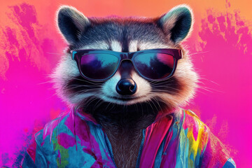 A digitally illustrated raccoon wearing reflective sunglasses and a colorful jacket stands against a bright pink and orange background. 