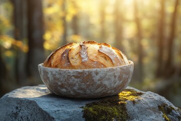 Golden-crusted sourdough bread, rests on a mossy rock in a sunlit forest, evoking warmth and nature.
