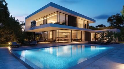 Fototapeta premium Contemporary villa with pool at night
