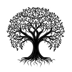 Obraz premium Elegant silhouette of a flourishing tree with intertwined branches and roots on white