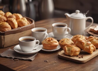 A cup of coffee and a box of tempting pastries on a table ,  box,  tempting