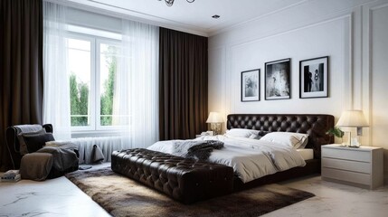 Cozy white bedroom with dark brown sofa: home interior decor idea