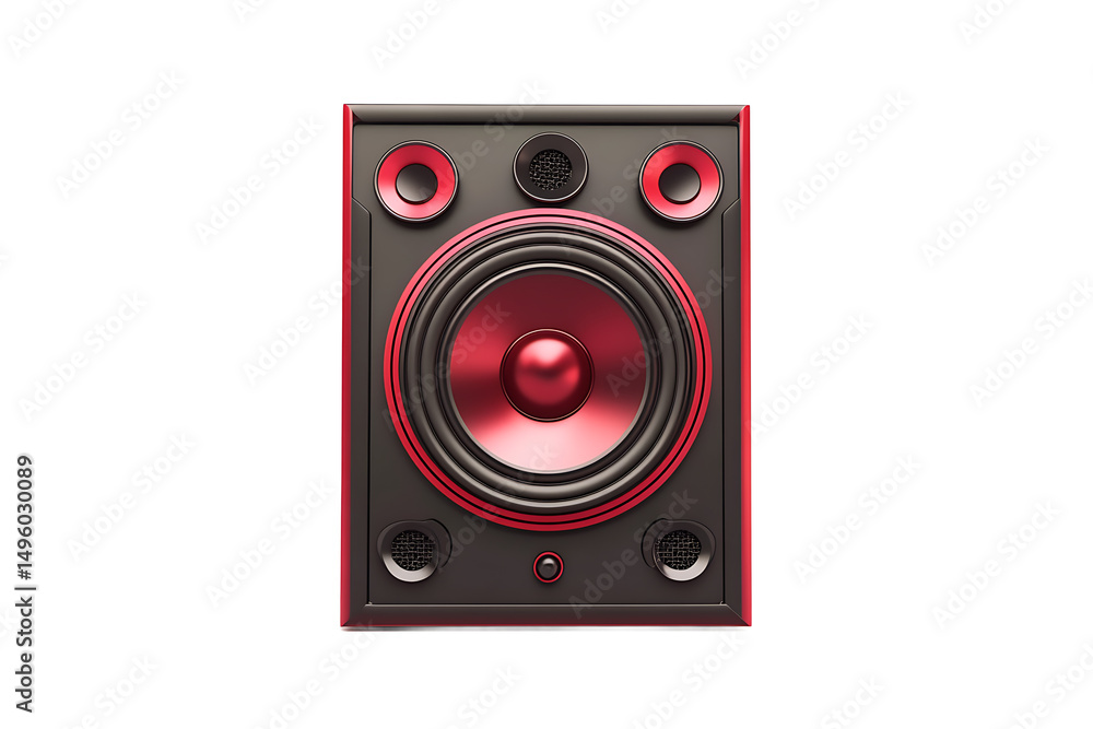 Poster a close up of a black and red speaker with multiple drivers on a black background studio shot