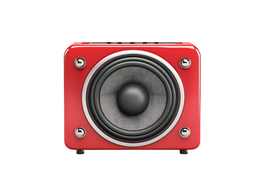 A close up of a red speaker with silver accents against a black background in a studio setting