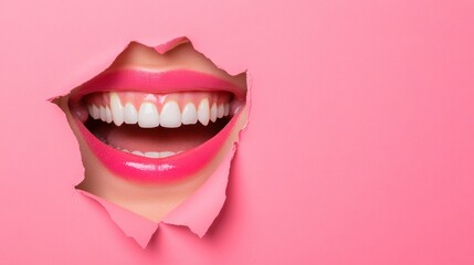 Naklejka premium A vibrant close-up of a smiling mouth breaking through pink paper, showcasing bright teeth and glossed lips, Ideal for dental, beauty, or health marketing materials,