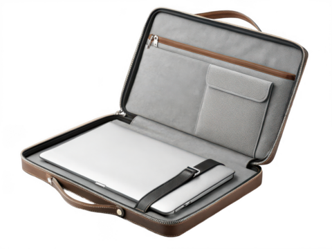 Open brown laptop case isolated on transparent background - Powered by Adobe