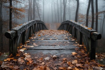 An old wooden bridge covered in autumn leaves leads into a misty forest.