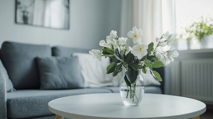 Floral Decor on Stylish Scandinavian Living Room Table