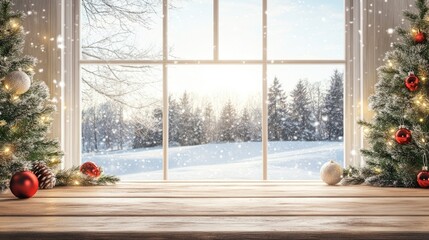 Free space for decorating on table. Winter view from window. Christmas theme with blank area.