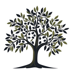 Stylized olive tree illustration depicting leaves and black olives with detailed branches on white