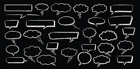 Crayon or chalk speech bubble set - hand drawn sketchy chat clouds, oval shapes dialog boxes, thought balloons, communication design elements in doodle