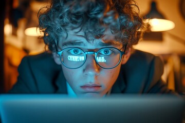 Nerd caucasian teenager boy in a tailored suit, data visualization reflections in his glasses. Concept art creative visual design of it. Cloud architect looks terribly scared at the monitor.