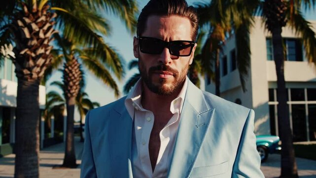 Homme costume bleu palmiers