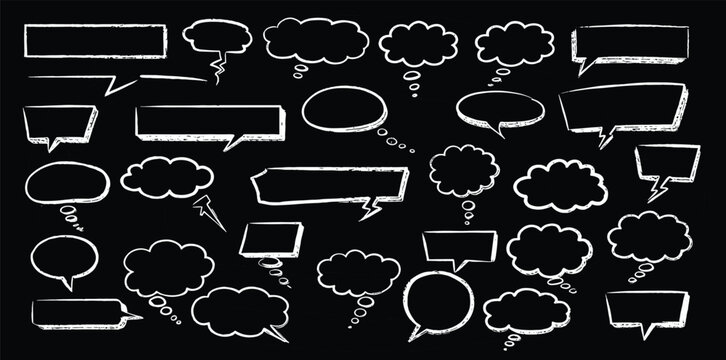 Crayon or chalk speech bubble set - hand drawn sketchy chat clouds, oval shapes dialog boxes, thought balloons, communication design elements in doodle