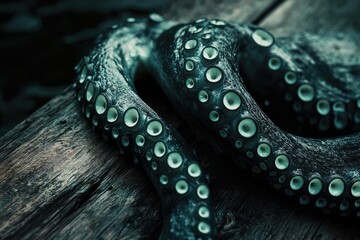 Obraz premium Close-up view of an octopus tentacle with suckers, resting on dark wood.