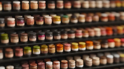 A close-up view of neatly arranged small jars filled with various types of paints or pigments, showcasing a spectrum of colors, This image is ideal for art supplies, DIY projects