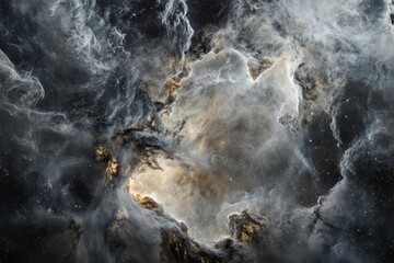 A mesmerizing cosmic nebula, swirling clouds of gas and dust in shades of grey and gold, scattered with distant stars.