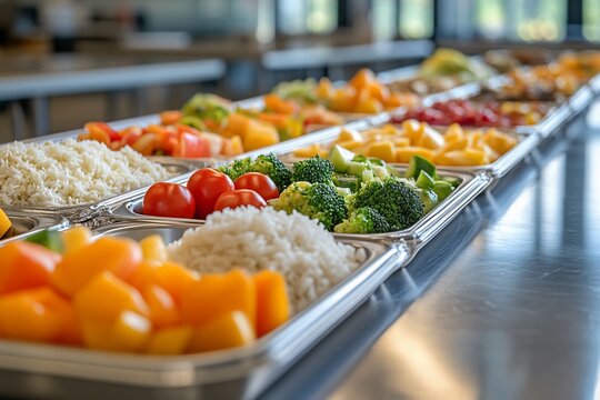 Variety of colorful healthy food options displayed on a long buffet station