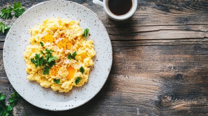 Healthy breakfast with scrambled eggs and coffee on wood background, top view, white plate.
