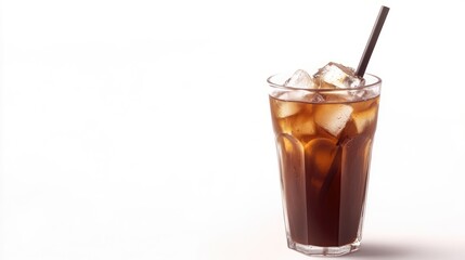 Ice coffee in glass with straw on white background.