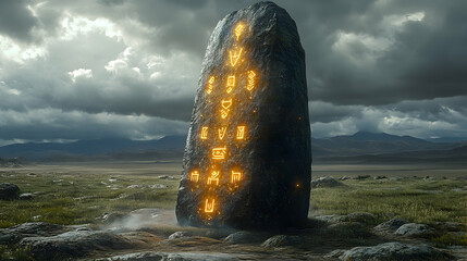 Standing stone with glowing glyphs stands in a misty field under a stormy sky, set against distant mountains
