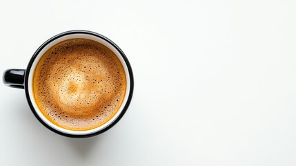 Isolated top view of coffee cup on white background with space for text.