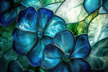 Stunning stained glass artwork depicting vibrant teal flowers with intricate details.