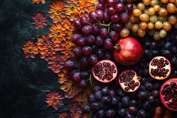 A vibrant still life featuring red and green grapes, pomegranates, and an ornate background.