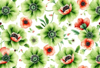 Fototapeta premium Watercolor monochrome green floral seamless pattern with plain poppy accents, flowers, art