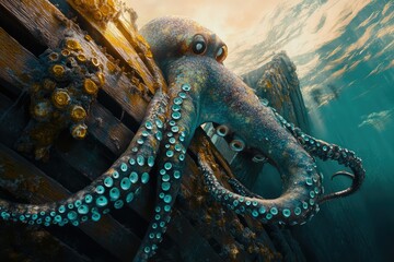 Obraz premium A large octopus clings to a sunken wooden structure, its suckers gleaming, bathed in underwater sunlight.