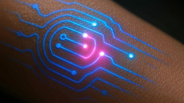 Glowing cybernetic implant lighting up human skin