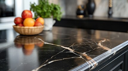 Marble benchtop alongside a black granite surface
