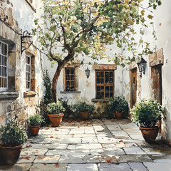Naklejka premium Courtyard with a tree in the center and several potted plants around it