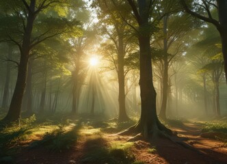 Obraz premium Golden sunlight streams through emerald canopy, illuminating dappled forest floor, canopy, texture, scene