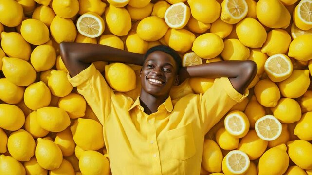 A man is laying on a bed of lemons.